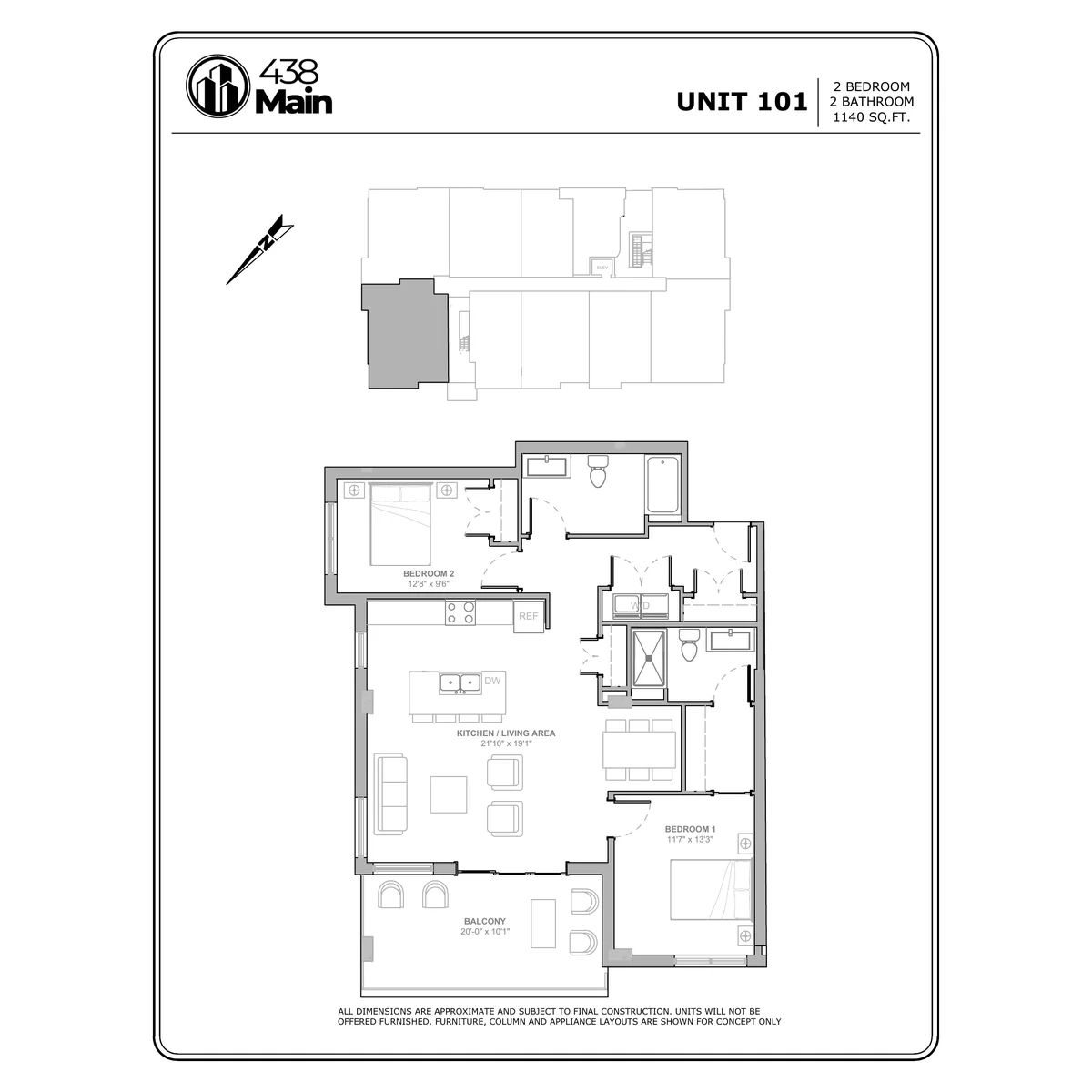 Plan A1 — Two Bedroom, Two Bath · 1,140 sq ft floor plan drawing