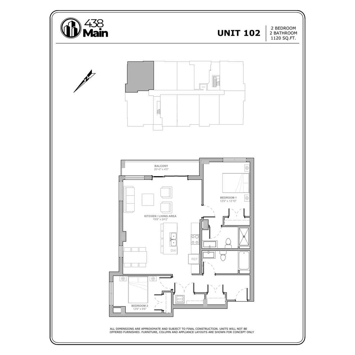 Plan A2 — Two Bedroom, Two Bath · 1,120 sq ft floor plan drawing