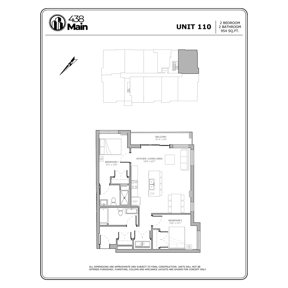 Plan A4 — Two Bedroom, Two Bath · 954 sq ft floor plan drawing
