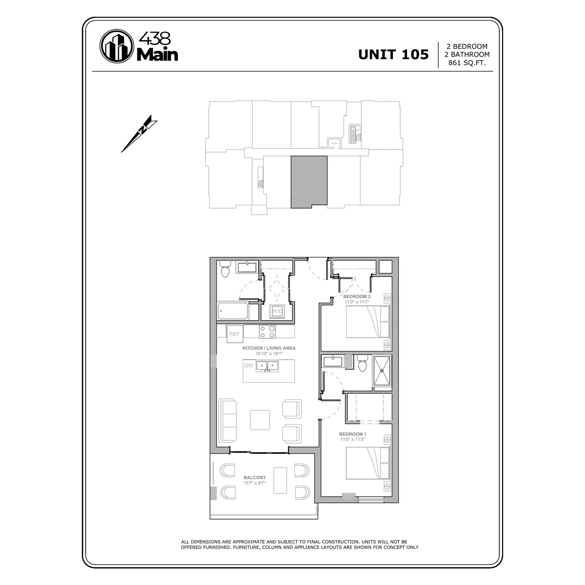 Plan A5 — Two Bedroom, Two Bath · 861 sq ft floor plan drawing