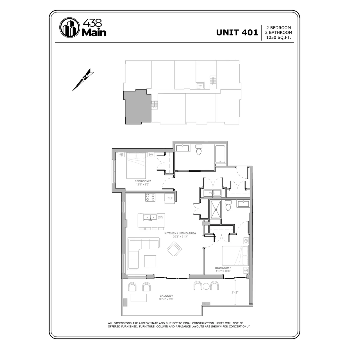 Plan A7 — Two Bedroom, Two Bath · 1,050 sq ft floor plan drawing