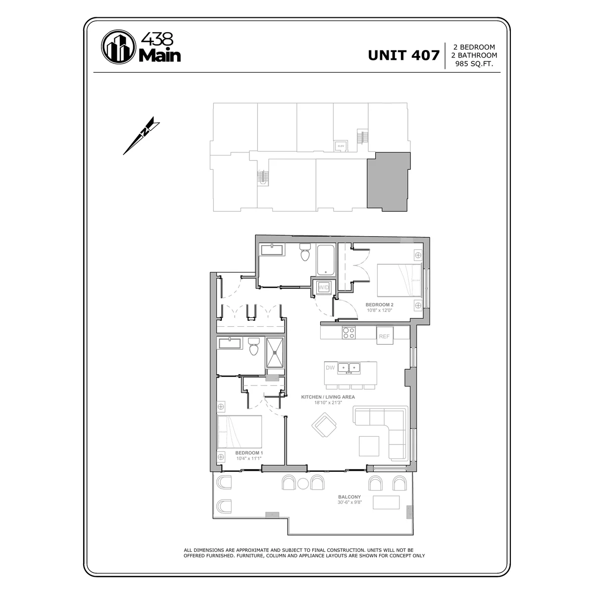Plan A8 — Two Bedroom, Two Bath · 985 sq ft floor plan drawing