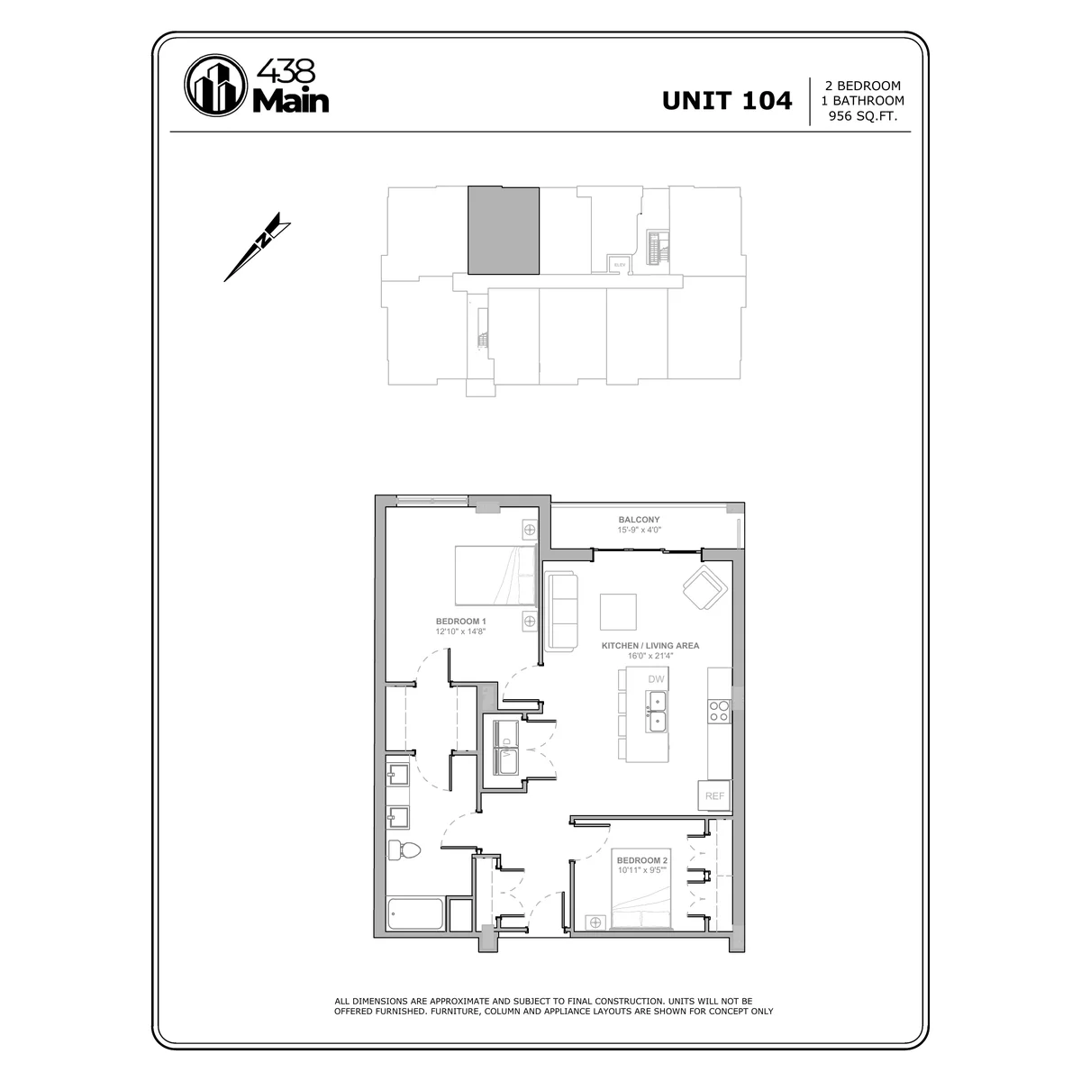 Plan B1 — Two Bedroom, One Bath · 956 sq ft floor plan drawing