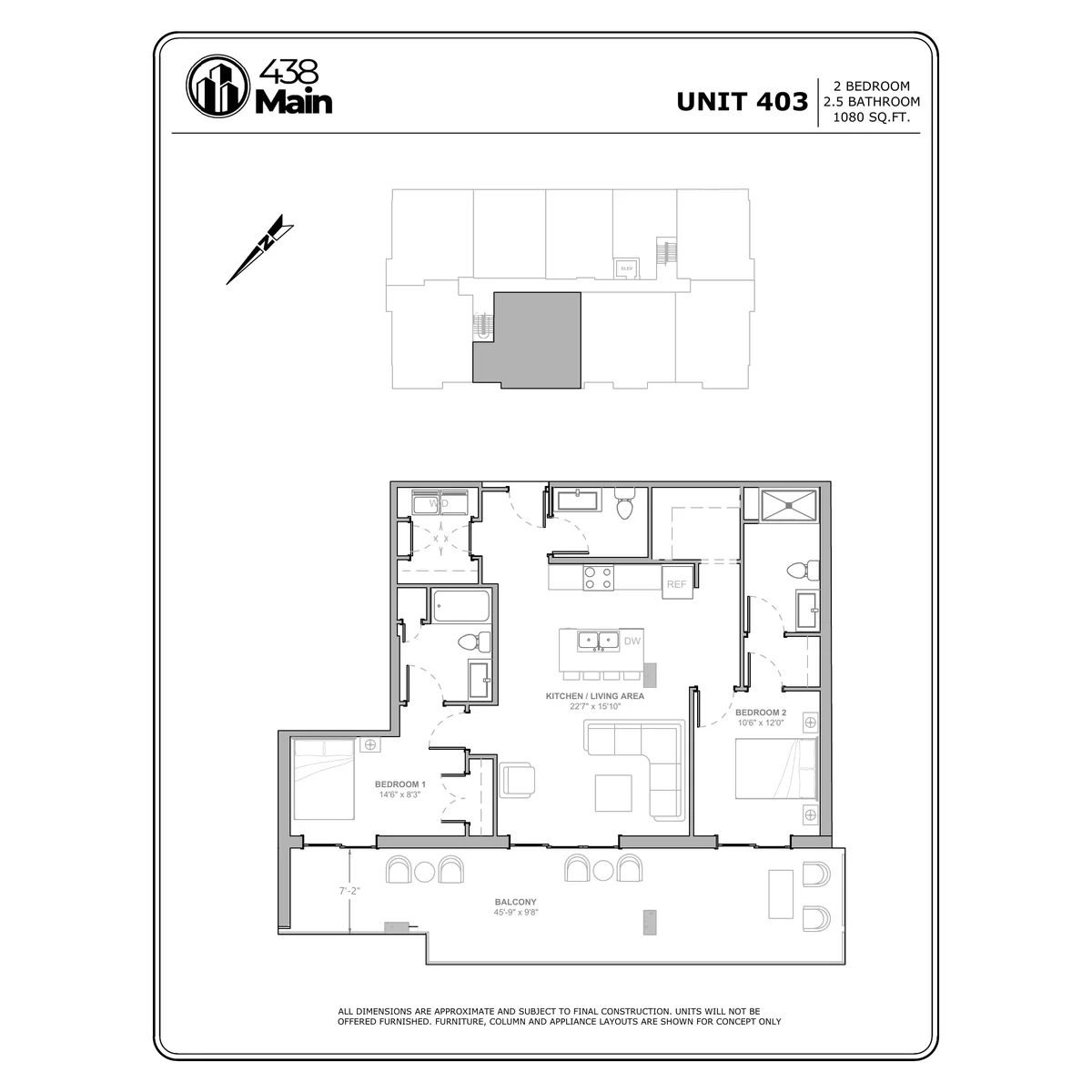 Plan C1 — Two Bedroom, Two and a Half Bath · 1,080 sq ft floor plan drawing
