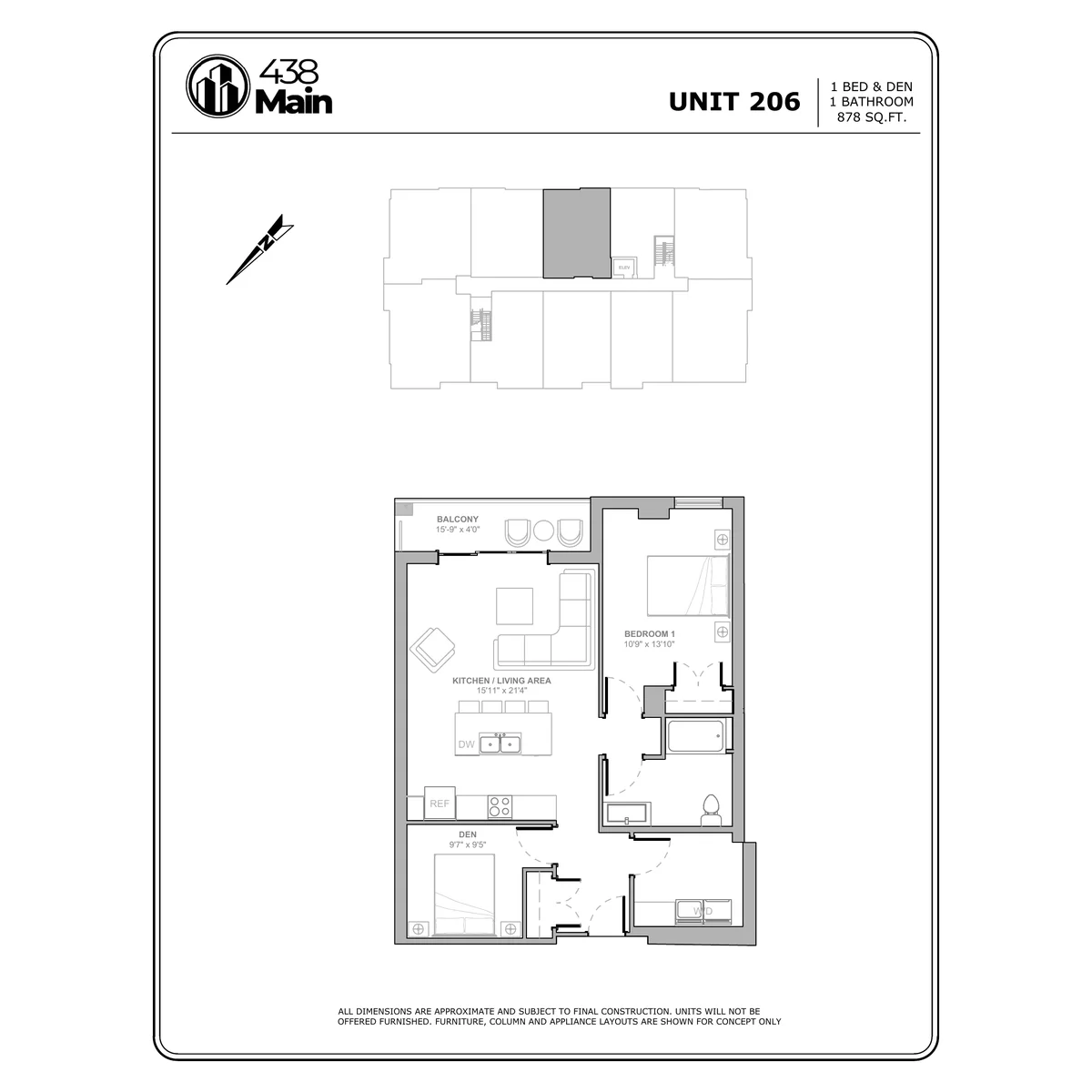 Plan D1 — One Bedroom, One Bath · 878 sq ft floor plan drawing