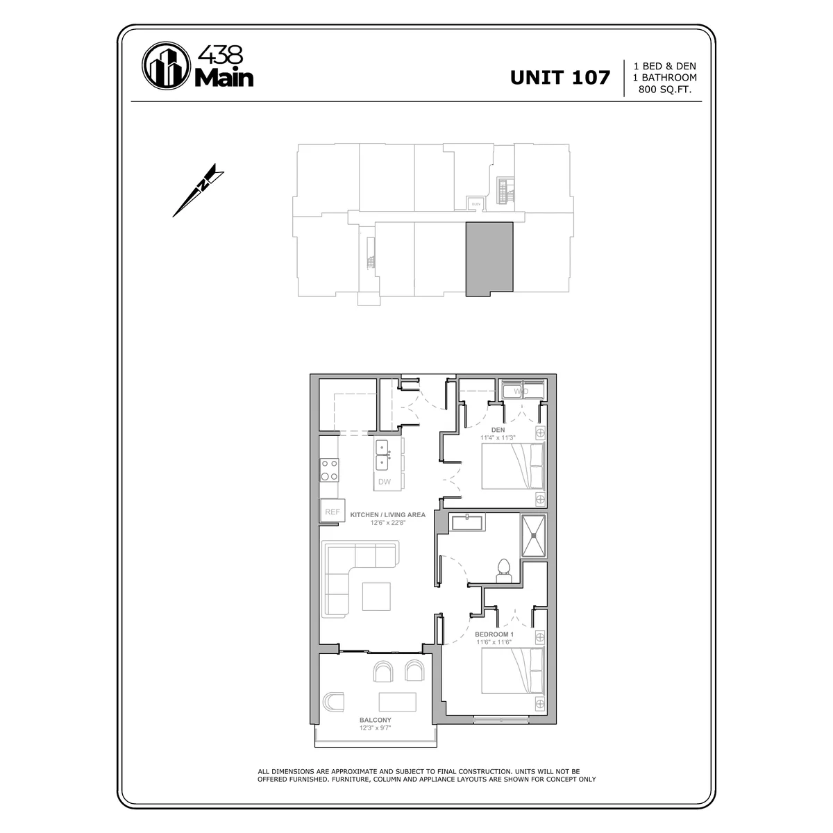 Plan D2 — One Bedroom, One Bath · 800 sq ft floor plan drawing