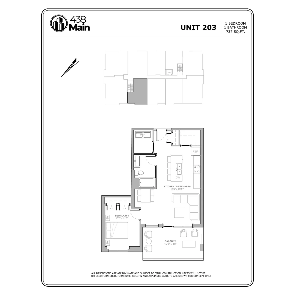 Plan E1 — One Bedroom, One Bath · 737 sq ft floor plan drawing