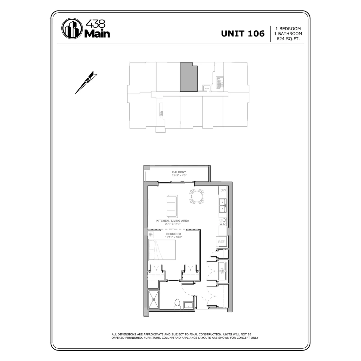 Plan E2 — One Bedroom, One Bath · 624 sq ft floor plan drawing