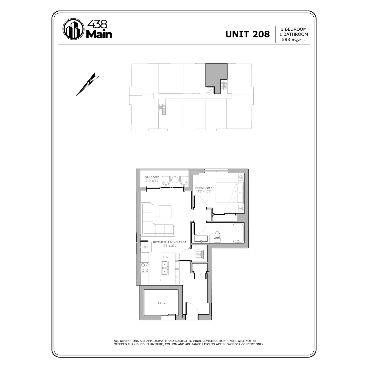 Plan E3 — One Bedroom, One Bath · 598 sq ft floor plan drawing