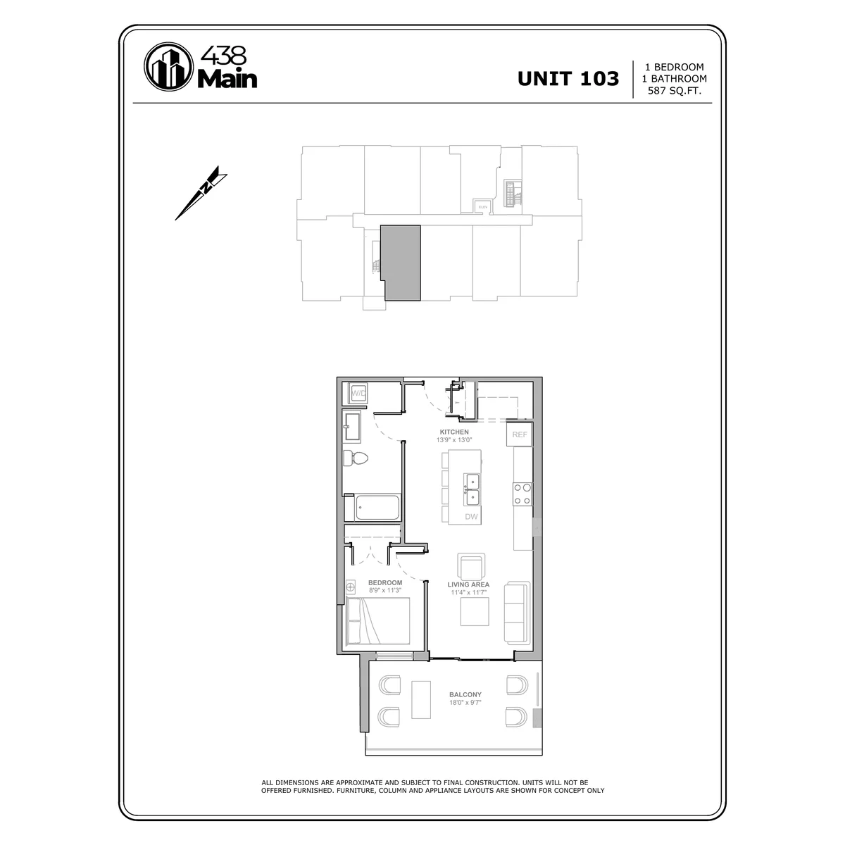 Plan E4 — One Bedroom, One Bath · 587 sq ft floor plan drawing